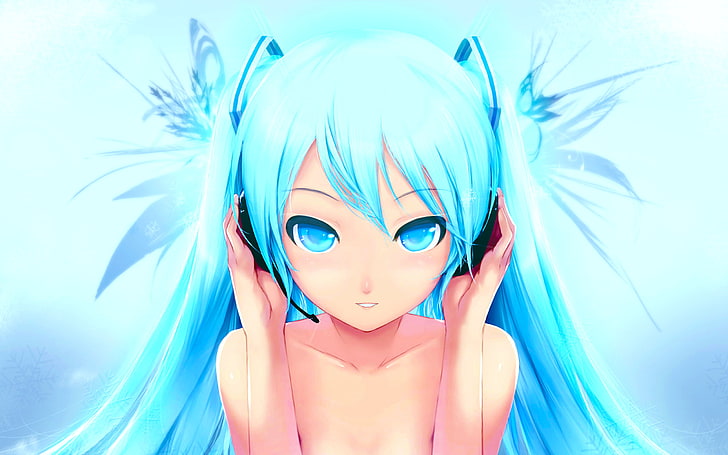 ilustração de mulher de cabelo azul, Hatsune Miku, vocaloid, anime meninas, fones de ouvido, olhos azuis, cabelos azuis, ombros nus, HD papel de parede