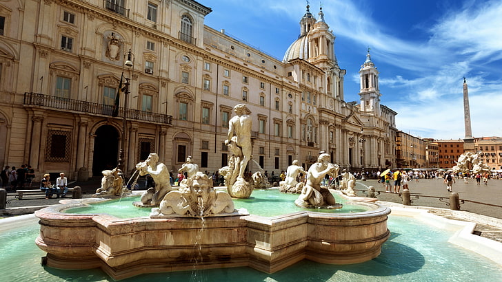 piazza navona, navona square, moor fountain, fontana del moro, square, europe, italy, outdoor structure, palace, water, plaza, rome, city, fountain, ancient rome, tourism, town square, tourist attraction, landmark, HD wallpaper