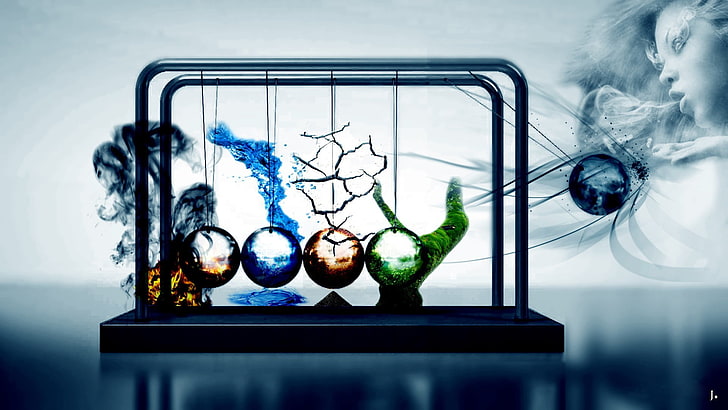 multicolored Newton's cradle, abstract, science, fire, water, Earth, nature, air, elements, ball, simple background, balls, digital art, women, wind, Newton's cradle, four elements, HD wallpaper