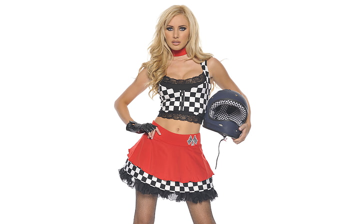 women's black and white checkered tank top and skirt, Girl, Blonde, Face, Helmet, Background, Form, Standing, Tiffany Toth, Racer, HD wallpaper
