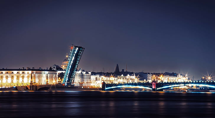 paesaggio urbano, ponte, fiume, luci, San Pietroburgo, Sfondo HD