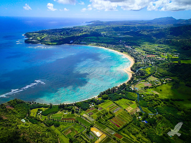 Ilha de Kauai, Havaí, Baía de Hanalei, praia, costa do mar, Kauai, Ilha, Havaí, Hanalei, Baía, praia, mar, costa, HD papel de parede