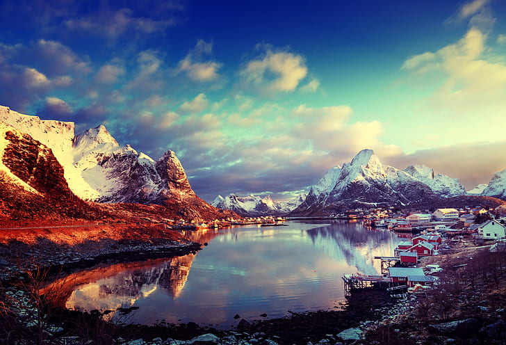 Sun, sky, bay, mountains, clouds, snow, Norway, Lofoten Islands, Lofoten, winter, HD wallpaper