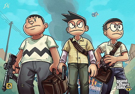 Karakter Doraemon, wallpaper digital karakter anime tiga anak laki-laki, Grand Theft Auto V, Wallpaper HD HD wallpaper