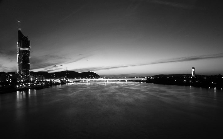fotografia, urbano, paesaggio urbano, fiume, ponte, monocromo, Vienna, Sfondo HD