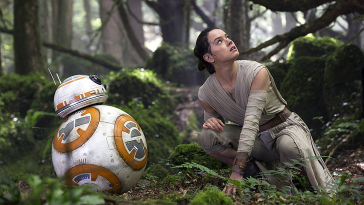 Star Wars BB-8 e Rey, Guerra nas Estrelas, Star Wars: O Despertar da Força, BB-8, Daisy Ridley, Rey, mulheres, atriz, ficção científica, filmes, robô, HD papel de parede