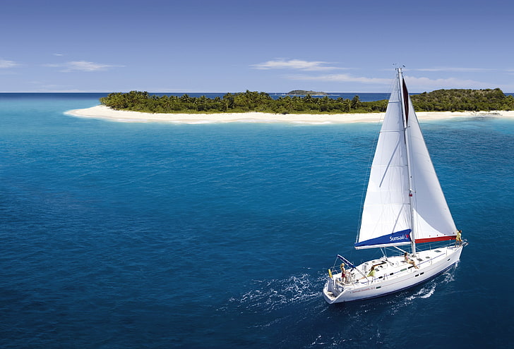 barca a vela bianca, Isole, oceano, yacht, Sfondo HD