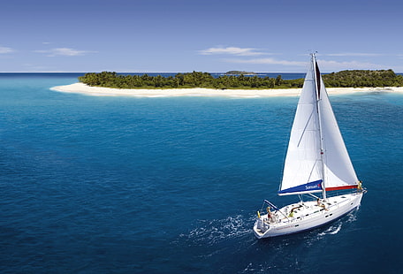 velero blanco, islas, el océano, yate, Fondo de pantalla HD HD wallpaper
