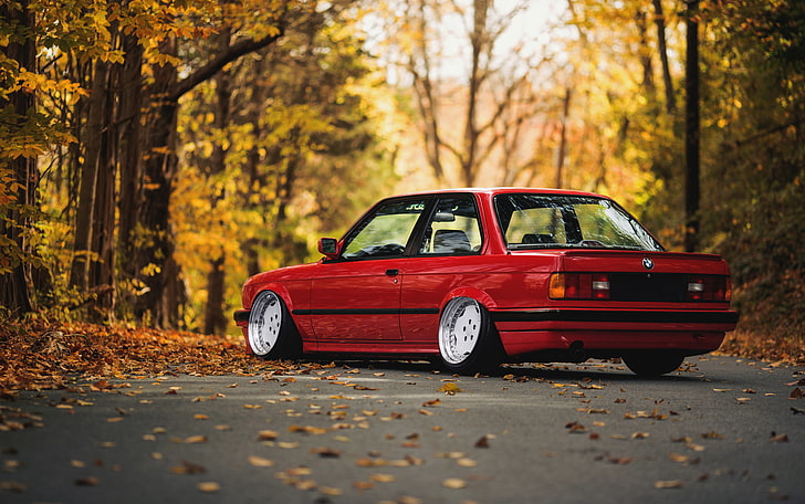 red BMW coupe, road, autumn, forest, leaves, BMW, E30, HD wallpaper