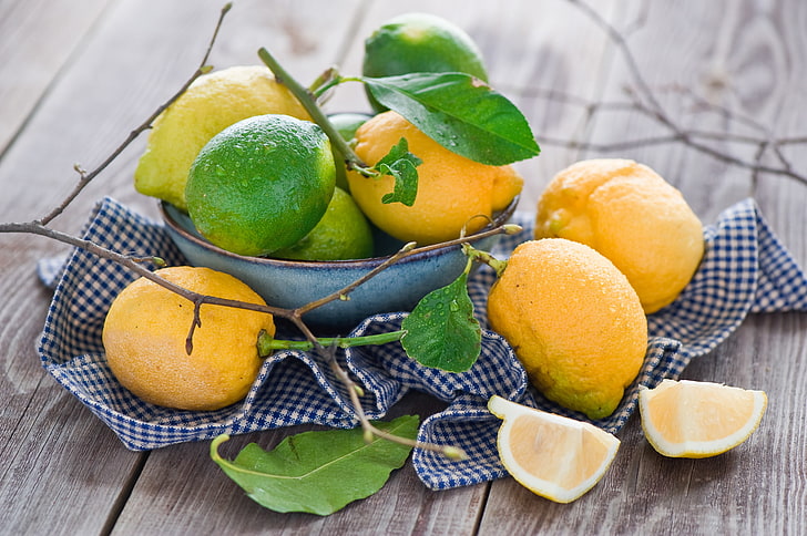 leaves, lemon, dishes, lime, fruit, citrus, napkin, HD wallpaper