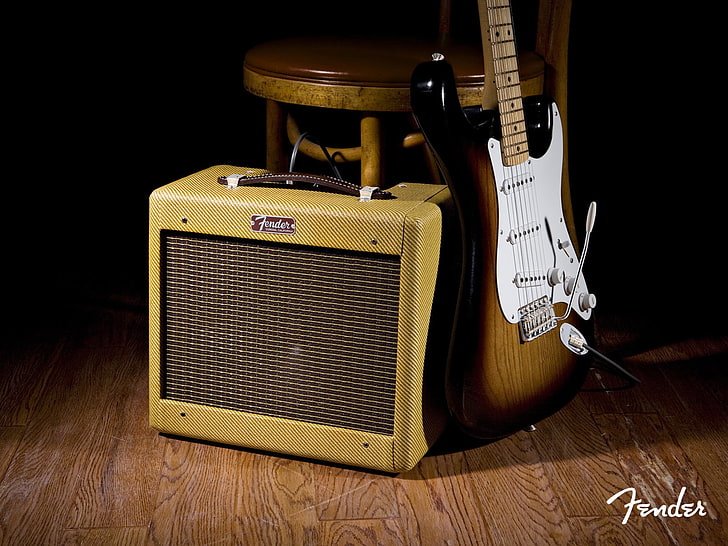 Guitarra eléctrica marrón, Guitarra, Rock, Fender, Fondo de pantalla HD