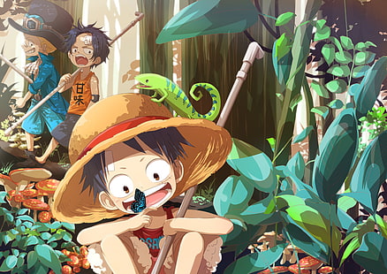 One Piece Luffy, Ace и Sabbo тапет, One Piece, Monkey D. Luffy, Sabo, Portgas D. Ace, аниме, аниме момчета, HD тапет HD wallpaper