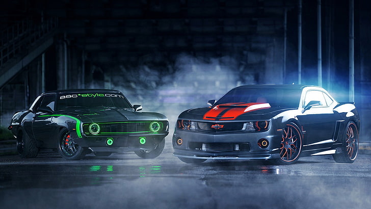 two black Chevy Camaros, car, muscle cars, HD wallpaper