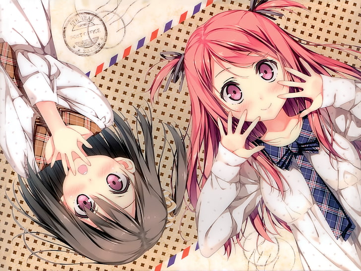 langes haar, rosa haare, rot, anime girls, dunkles haar, kantoku, HD-Hintergrundbild
