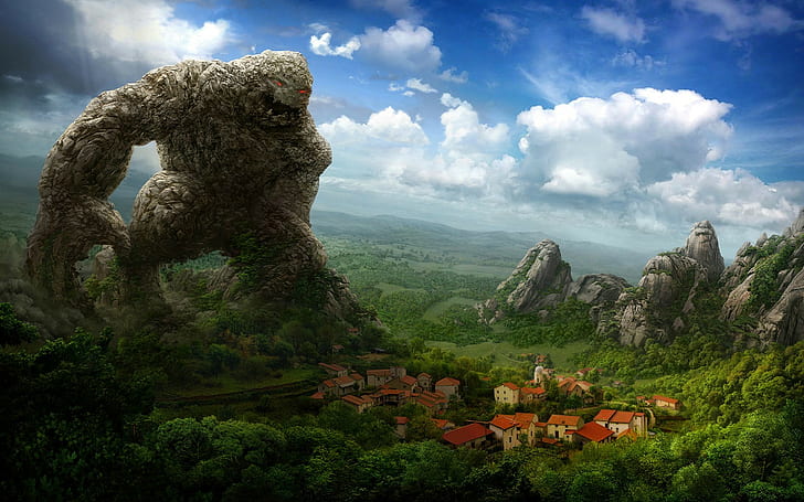 rock, house, trees, nature, town, fantasy art, artwork, creature, clouds, red eyes, golem, drawing, HD wallpaper