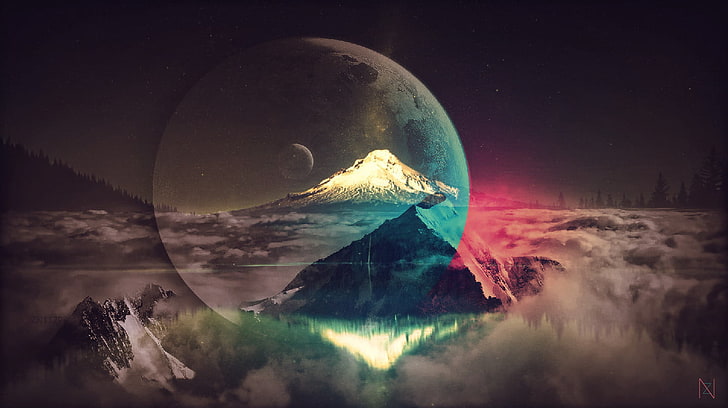 illustration de lune et montagne, oeuvre d'art, lune, planète, bleu, rose, rouge, eau, ciel, Fond d'écran HD