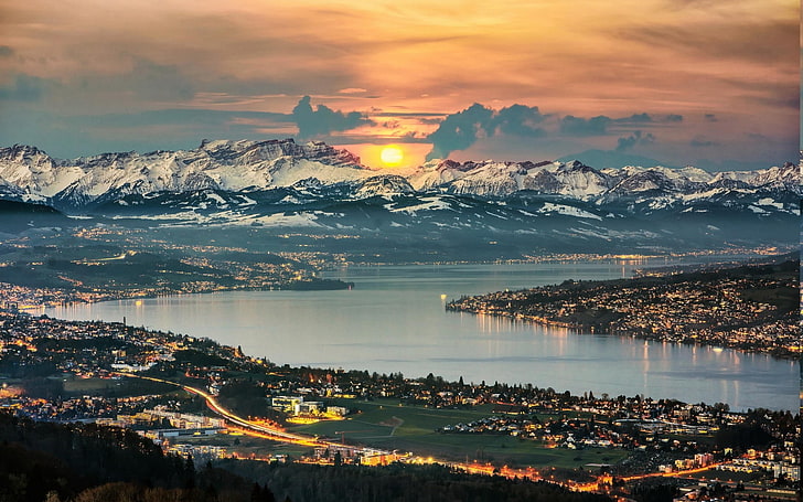 자연 풍경 파노라마 취리히 호수 스위스 도시 풍경 눈 덮인 피크 일출 하늘 구름 조명, HD 배경 화면