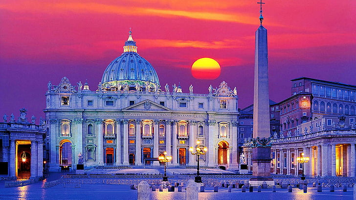 cityscape, pink sunset, pink sky, st peter square, st peter basilica, square, vatican city, vatican, building, dusk, tourism, landmark, rome, italy, evening, place of worship, europe, basilica, city, sky, sunset, tourist attraction, HD wallpaper