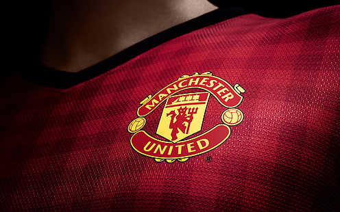 red, black, and yellow Manchester United shirt, manchester united, logo, new set, 2012, 2013, english premier league, HD wallpaper HD wallpaper