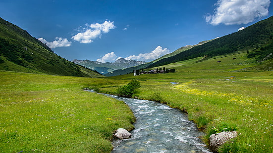 การถ่ายภาพทุ่งหญ้าสีเขียว, การถ่ายภาพ, ทุ่งหญ้าสีเขียว, Sertig Dörfli, ทราย, บาค, แม่น้ำ, น้ำ, ภูมิทัศน์, Berge, Berg, ภูเขา, เทือกเขา Swiss Alps, Schweiz, Switzerland, Schweizer, Alpen, หมู่บ้าน, เมฆ, มีเมฆมาก, Wolken, Davos, s-curve, งดงาม, งดงาม, ธรรมชาติ, กลางแจ้ง, ฤดูร้อน, เข้ามาเยี่ยม, หญ้า, ทุ่งหญ้า, สีเขียว, ยุโรป, หุบเขา, ยอดเขา, วอลล์เปเปอร์ HD HD wallpaper