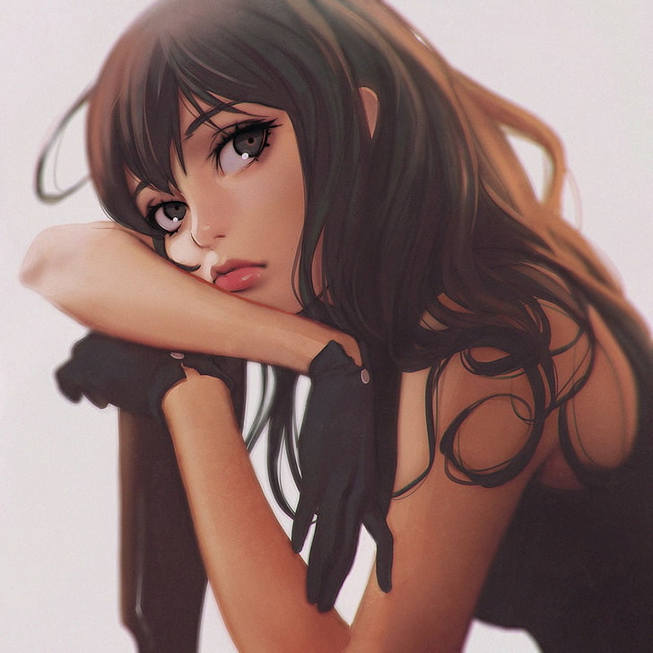 black-haired female anime character digital wallpaper, anime, Ilya Kuvshinov, black gloves, digital art, HD wallpaper