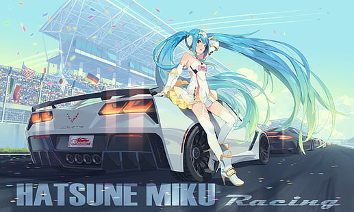 hatsune miku, corse, twintails, vocaloid, automobili, anime, Sfondo HD HD wallpaper
