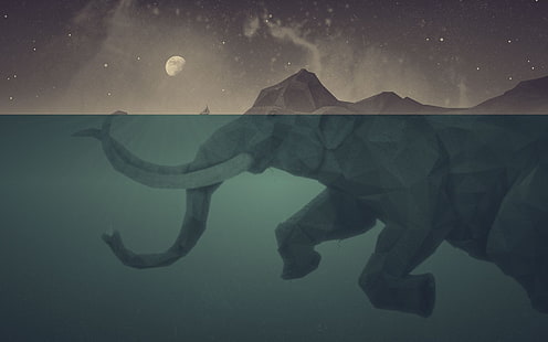 obra de arte, barco, elefantes, arte de fantasía, Low Poly, mamuts, luna, mar, vista dividida, bajo el agua, agua, Fondo de pantalla HD HD wallpaper