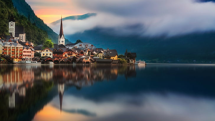 Hallstatter See, jezioro, niebo, natura, woda, odbicie, wioska, chmura, górskie jezioro, górska wioska, Hallstatt, Austria, Europa, Tapety HD