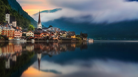 озеро, небо, природа, вода, отражение, деревня, облако, горное озеро, горная деревня, гальштат, австрия, европа, HD обои HD wallpaper