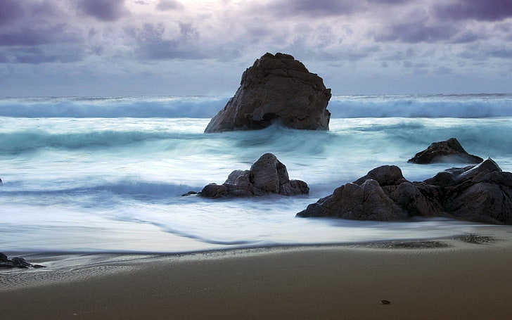 black rock formations, waves, sea, stones, storm, coast, sand, beach, HD wallpaper