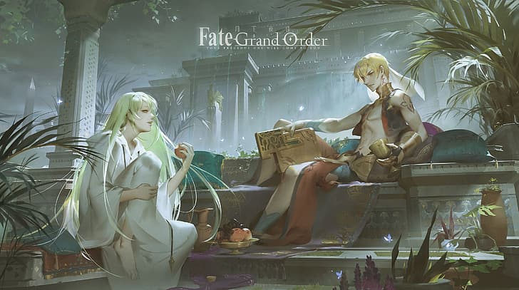 Fate Series, FGO, Fate/Grand Order, anime boys, długie włosy, krótkie włosy, otwarte usta, Enkidu (FGO), Gilgamesh, jabłka, abs, 2D, zielone włosy, blond włosy, żółte oczy, fan art, Tapety HD