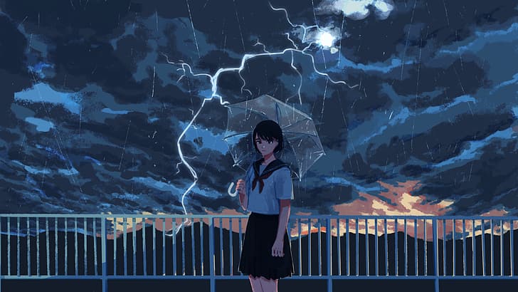 anime, women, anime girls, sky, dark, clouds, lightning, women outdoors, standing, umbrella, women with umbrella, dark hair, schoolgirl, rain, HD wallpaper