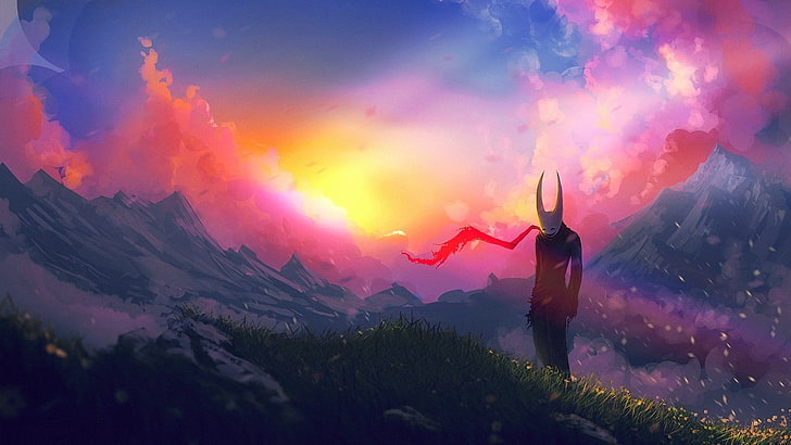 mountain digital wallpaper, silhouette of creature during sunrise, fantasy art, landscape, colorful, anime, mountains, nature, mask, artwork, digital art, sky, HD wallpaper