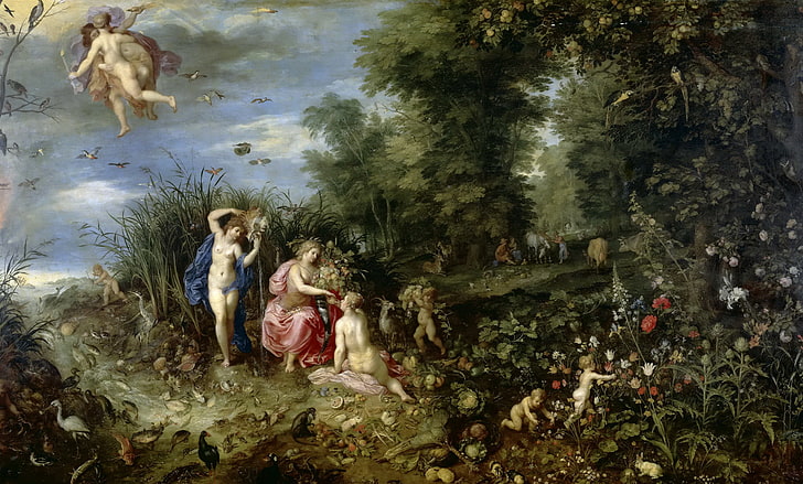 group of people in forest painting, flowers, nature, picture, mythology, The Four Elements, Jan Brueghel the younger, HD wallpaper