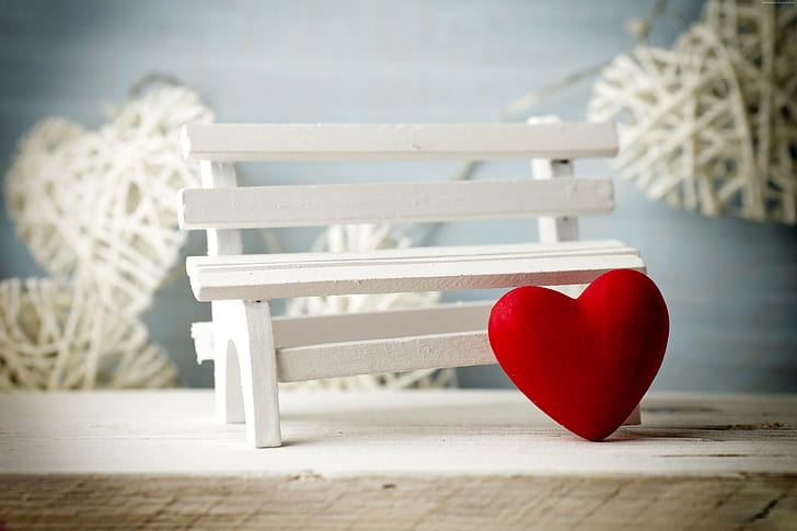 romantique, décorations, amour, banc, coeur, Saint Valentin, Fond d'écran HD