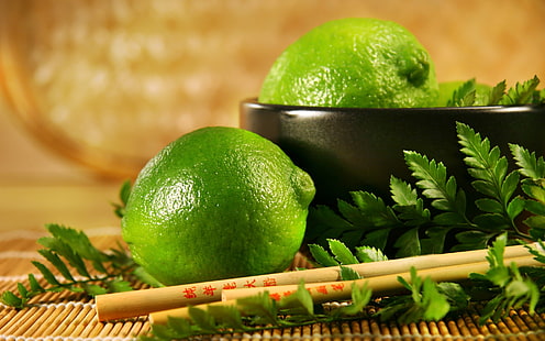 Свежие фрукты, лайм, зеленый лимон, листья, свежие, фрукты, лайм, зеленый, лимон, листья, HD обои HD wallpaper