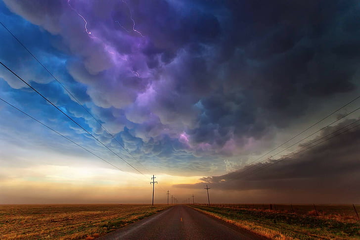 дорога, линии электропередач, молния, облака, столб, небо, пурпурный, HD обои