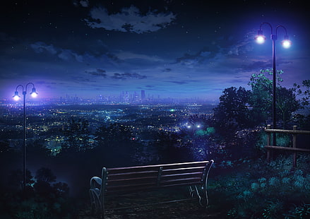 stadsbild, lykta, anime, natt, landskap, horisont, bänk, park, kullar, stadsljus, HD tapet HD wallpaper