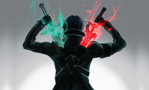 pria karakter fiksi memegang dua pedang wallpaper, tanpa judul, Sword Art Online, anime, Kirigaya Kazuto, pedang, seni fantasi, karya seni, Wallpaper HD HD wallpaper