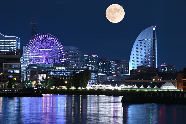 Yokohama, gece manzarası, HD masaüstü duvar kağıdı