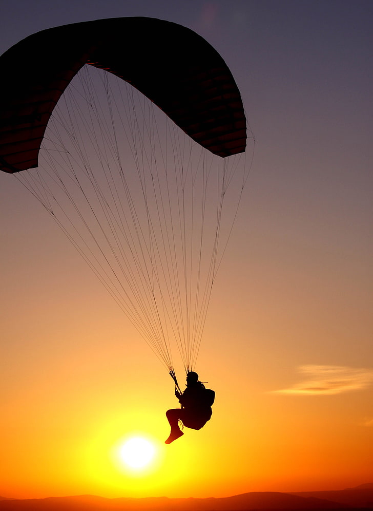 paraglider, penerbangan, siluet, manusia, langit, Wallpaper HD, wallpaper seluler