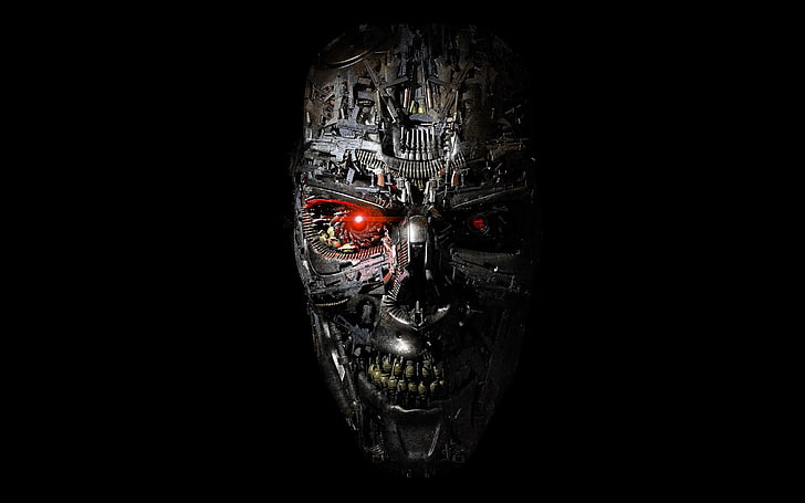 Терминатор, Terminator Genisys, робот, киборг, лицо, красные глаза, научная фантастика, черный фон, металл, зубы, шестерни, сталь, цифровое искусство, компьютерная графика, изображение, череп, машина, T-1000, фильмы, HD обои