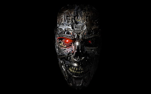 Terminator, Terminator Genisys, robot, cyborg, wajah, mata merah, fiksi ilmiah, latar belakang hitam, logam, gigi, roda gigi, baja, seni digital, CGI, karya seni, tengkorak, mesin, T-1000, film, Wallpaper HD HD wallpaper
