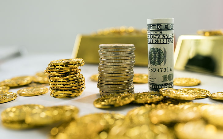 Keuangan mata uang dolar koin emas uang kertas, Wallpaper HD