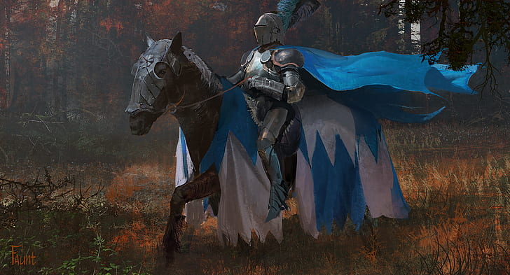 cavaleiro, cavalo, armadura, capa, floresta, medieval, HD papel de parede