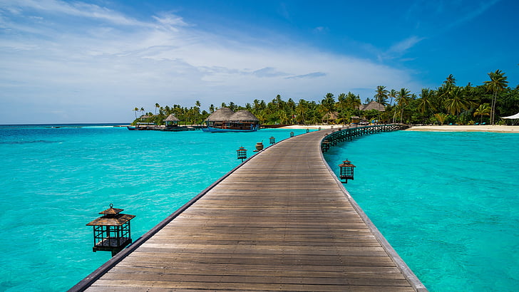 tropical landscape, maldives, bungalow, pier, tropical, indian ocean, ocean, turquoise water, blue water, halaveli, asia, summer, vacation, summertime, exotic, HD wallpaper