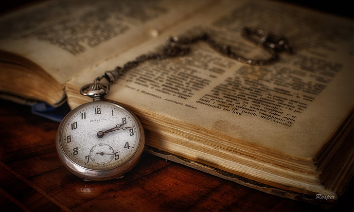 silver-colored pocket watch, watch, book, chain, pocket, HD wallpaper