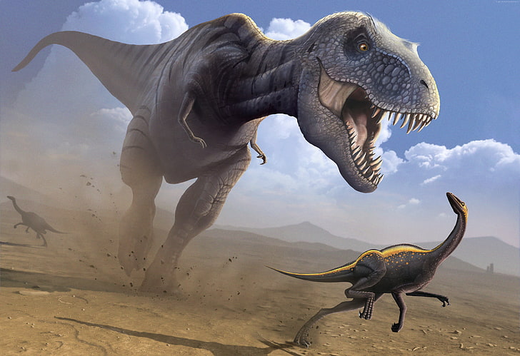 Tyrannosaurus, Ornithomimus, dinozor, sanat, HD masaüstü duvar kağıdı