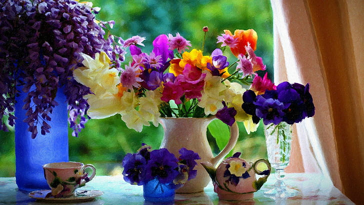 花、花瓶、パンジー、花束、カップ、絵画、 HDデスクトップの壁紙
