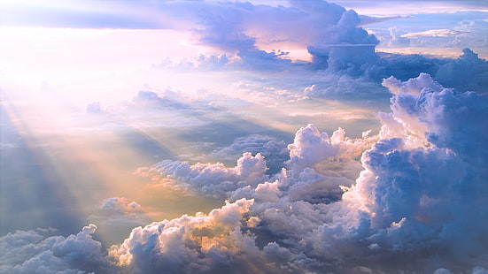 nubes, nubes, cielo, azul, sol, blanco, skyscape, rayos de sol, Fondo de pantalla HD HD wallpaper